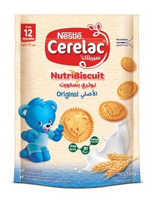 Cerelac NutriBiscuit package with blue teddy bear and biscuits.
