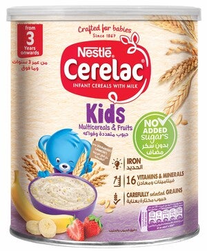 Nestlé Cerelac Kids cereal container with fruits and grains.
