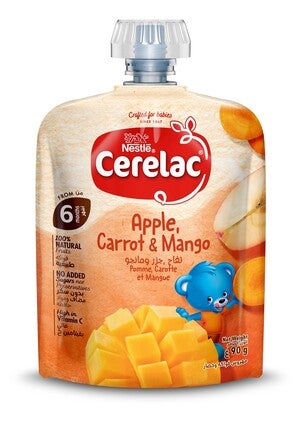 Cerelac pouch, apple, carrot, and mango flavor with blue bear graphic.
