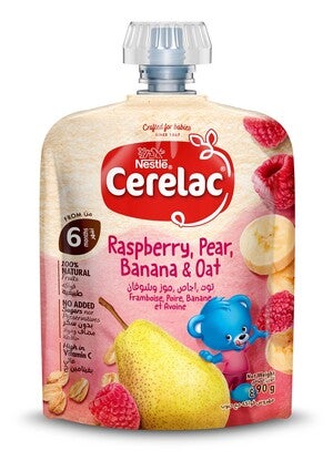 Baby food pouch with raspberry, pear, banana, and oat design.