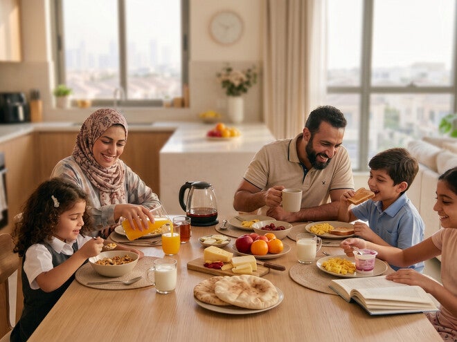 Photo of a family sharing breakfast at a sunlit kitchen table, parents and three children.