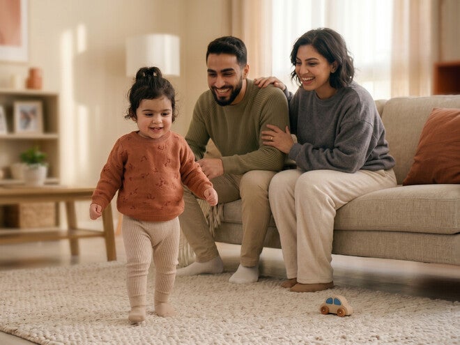 Toddler walking on living-room rug as smiling parents watch from sofa