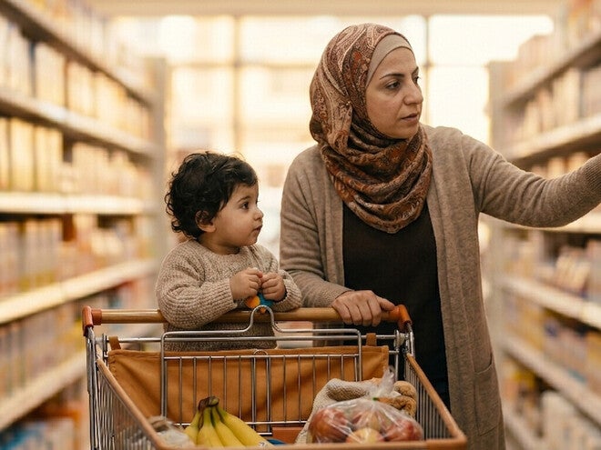 Photo: woman pointing while pushing shopping cart with toddler in supermarket aisle