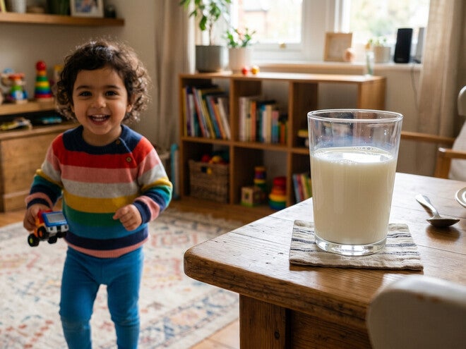 Photo: smiling toddler in rainbow sweater holding toy car in living room, glass of milk on table
