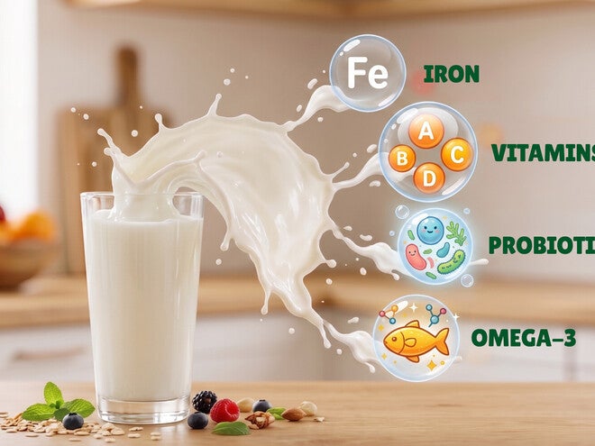 Photo: glass of milk with splash and labeled icons for iron, vitamins, probiotics, omega-3