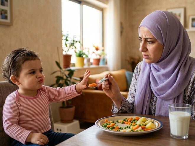 mother tenderly feeding toddler at kitchen table