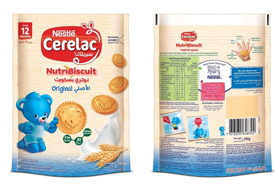 package with a blue bear and wheat, front and back
