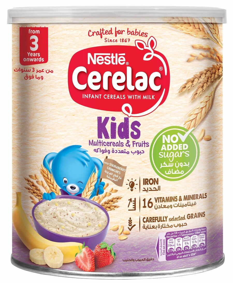 Nestlé Cerelac Kids cereal tin with wheat and fruit imagery.