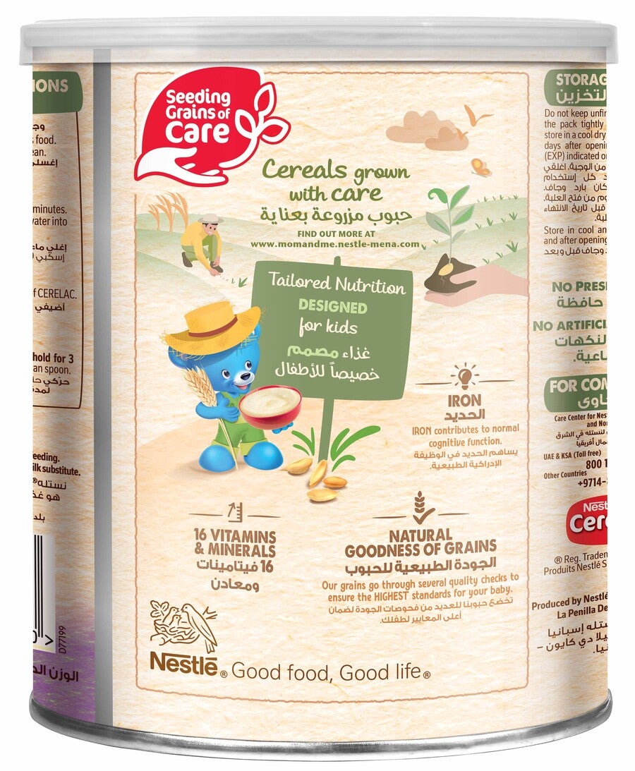 Cartoon character holding a cereal bowl, with logos and text on a beige background.