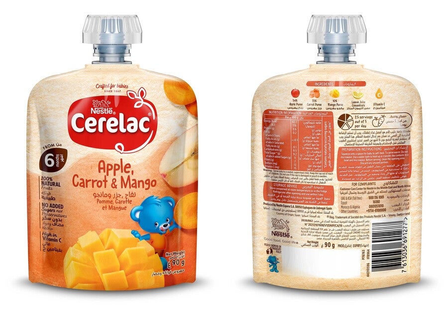 Front and back of Cerelac baby food pouch with fruits and blue bear.