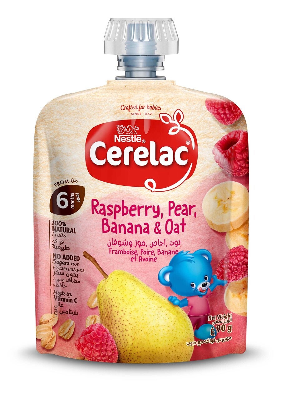 Cerelac baby food pouch with raspberry, pear, banana, oat, and blue bear design.