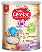 Nestlé Cerelac Kids cereal tin with wheat and fruit imagery.