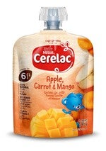 Apple, carrot, and mango baby food pouch.