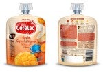 Front and back of Cerelac baby food pouch with fruits and blue bear.