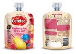 Baby food pouch with raspberry, pear, banana flavor, front and back views.