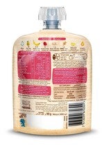 Back of a baby food pouch with nutritional information and ingredients listed.